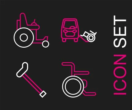 Set line Wheelchair, Walking stick cane, Disabled car and Electric wheelchair Illustration