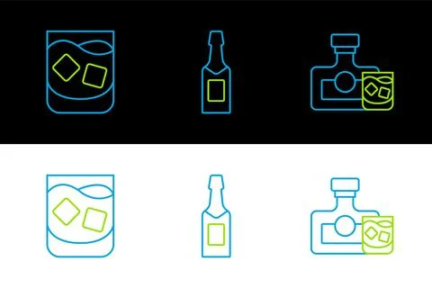 Set line Whiskey bottle and glass, Glass of whiskey and Champagne icon. Vector Stock Illustration