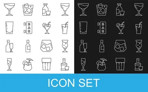 Set line Whiskey bottle and glass, Glass of beer, juice, Alcohol drink Rum,.. Stock Illustration