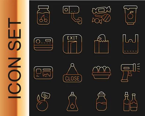 Set line Whiskey bottle, Scanner scanning bar code, Paper shopping bag, Candy イラスト素材