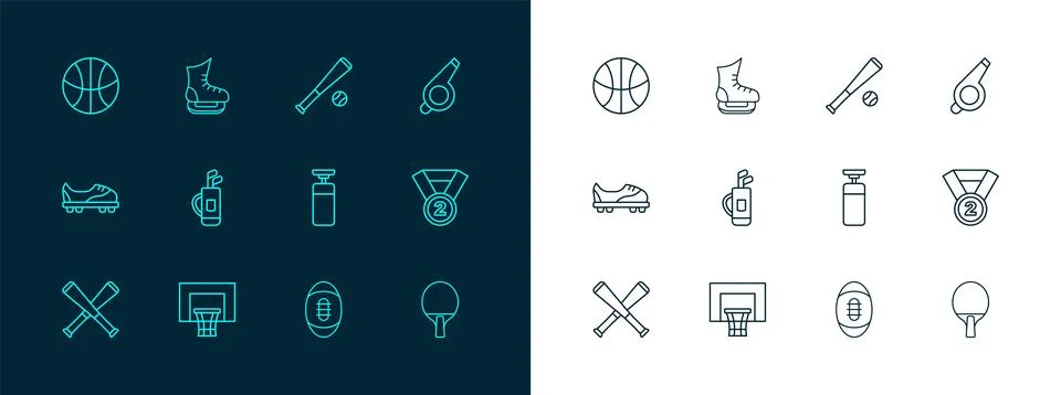 Set line Whistle, Basketball backboard, Punching bag, American Football, Go.. Stock Illustration