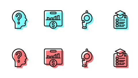 Set line Whistle, Head with question mark, Key performance indicator and Online イラスト素材