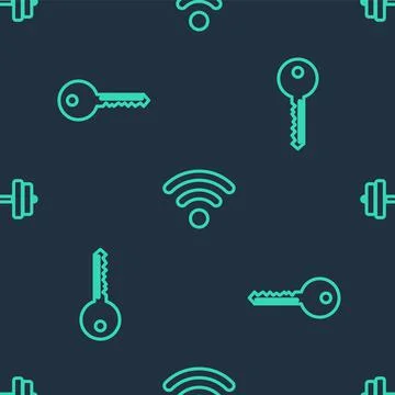 Set line Wi-Fi wireless network, Key and Dumbbell on seamless pattern. Vector Illustrazione stock