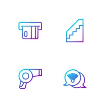 Set line Wi-Fi wireless internet, Hair dryer, Credit card and Stairs. Gradient Stock Illustration