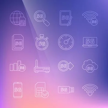 Set line Wi-Fi wireless network, Cloud 5G, Laptop with, Graphic tablet, Digital Stock Illustration