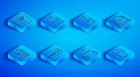 Set line Wi-Fi wireless internet, Smart home with wi-fi, Wireless computer mouse Stock Illustration