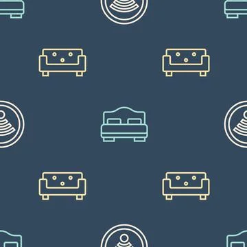Set line Wi-Fi wireless, Sofa and Hotel room bed on seamless pattern. Vector Illustrazione stock