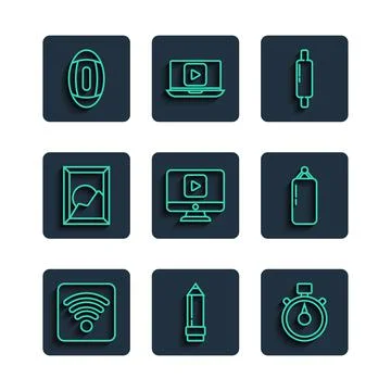 Set line Wi-Fi wireless internet network, Pencil with eraser, Stopwatch, Rolling Stock Illustration