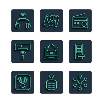Set line Wi-Fi wireless internet, Smart data server, Network, Radio, cloud Illustrazione stock