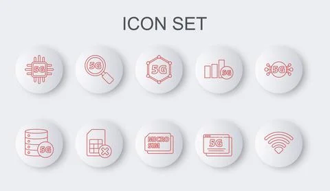 Set line Wi-Fi wireless network, Server 5G, Processor, Search, Sim card rejected Stock Illustration