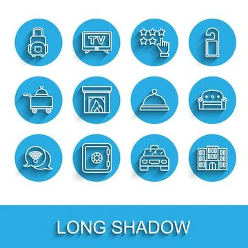 Set line Wi-Fi wireless internet, Safe, Suitcase, Taxi car, Hotel building Illustration