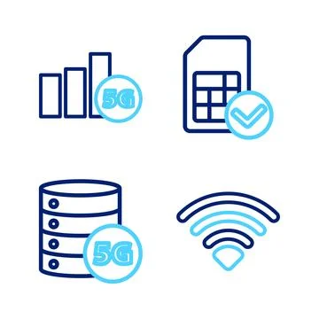 Set line Wi-Fi wireless network, Server 5G, Sim card and icon. Vector Stock Illustration