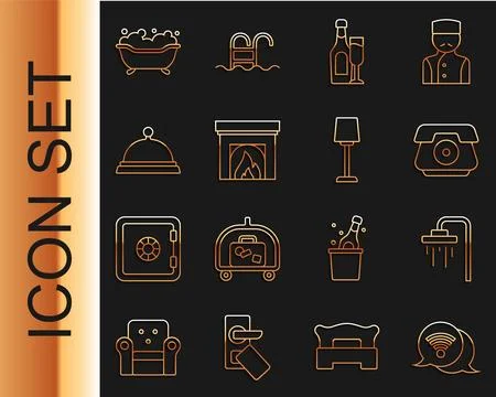 Set line Wi-Fi wireless internet, Shower, Telephone handset, Champagne bott.. Stock Illustration