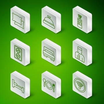 Set line Wi-Fi wireless, Plate, fork and knife, Pillow, Hotel room bed, Lif.. Illustrazione stock