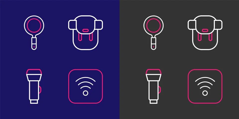 Set line Wi-Fi wireless internet, Flashlight, Hiking backpack and Magnifyin.. Stock Illustration