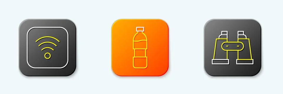 Set line Wi-Fi wireless internet, Bottle of water and Binoculars icon. Vector Stock Illustration