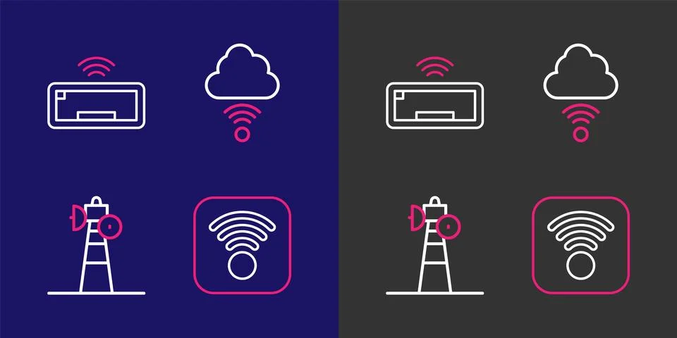 Set line Wi-Fi wireless internet, Satellite dish, Network cloud connection .. Ilustración de archivo