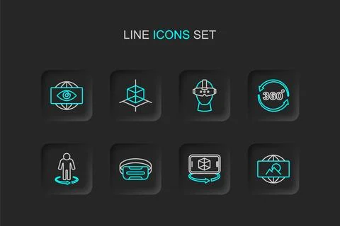 Set line Wide angle picture, 3d modeling, Virtual reality glasses, 360 degr.. 스톡 일러스트