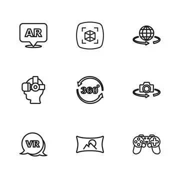 Set line Wide angle picture, 360 degree view, Gamepad, 3d modeling, Augment.. 스톡 일러스트