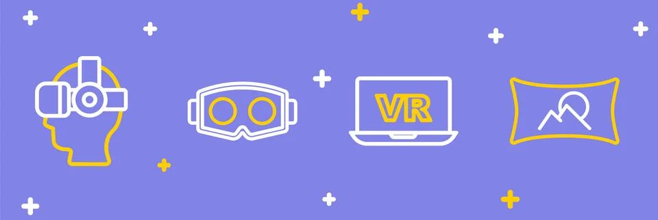 Set line Wide angle picture, Virtual reality, glasses and  icon. Vector Stock Illustration