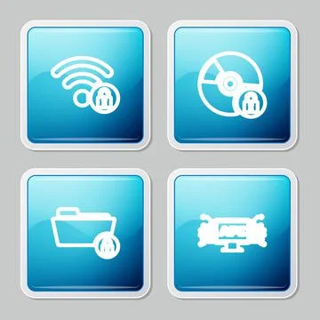 Set line Wifi locked, CD or DVD disk with, Folder and and Computer api interface Illustrazione stock