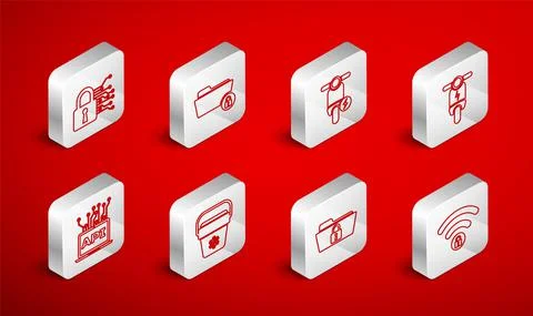 Set line Wifi locked, Folder and, Electric scooter, Cyber security, Cooler bag Stock Illustration