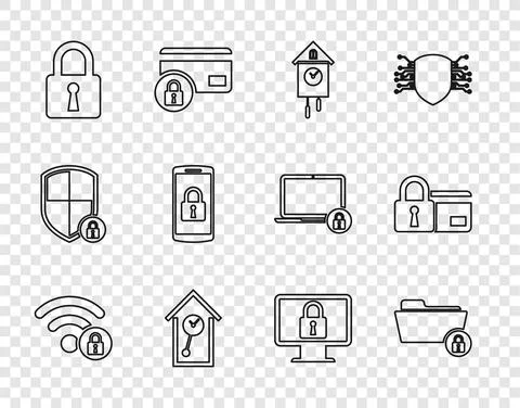 Set line Wifi locked, Folder and, Retro wall watch, Lock, Smartphone with Illustrazione stock