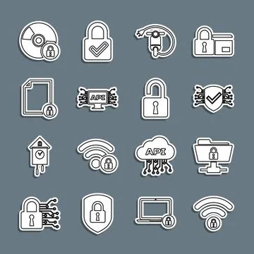 Set line Wifi locked, FTP folder and, Cyber security, Electric scooter, Com.. Stock Illustration