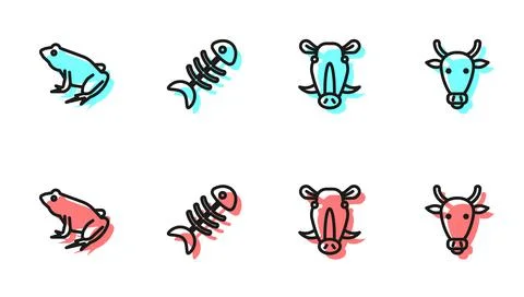 Set line Wild boar head, Frog, Fish skeleton and Cow icon. Vector Stock Illustration