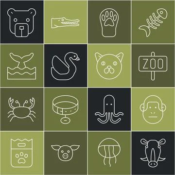 Set line Wild boar head, Monkey, Zoo park, Paw print, Swan bird, Whale tail Illustrazione stock