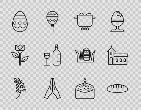Set line Willow leaf, Bread loaf, Egg in hot pot, Hands praying position, Easter Stock Illustration