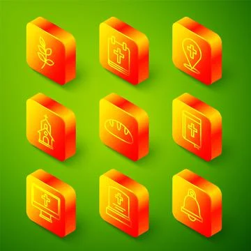 Set line Willow leaf, Calendar with Easter, Location church building, Church Ilustración de archivo