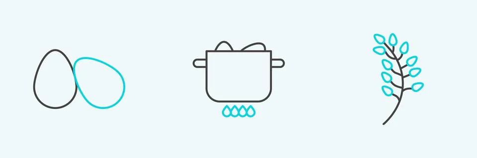 Set line Willow leaf, Easter eggs and Egg in hot pot icon. Vector Illustrazione stock