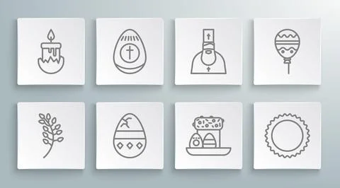 Set line Willow leaf, Easter egg, Cracked, cake and eggs, Sun, Priest, Balloo Stock Illustration