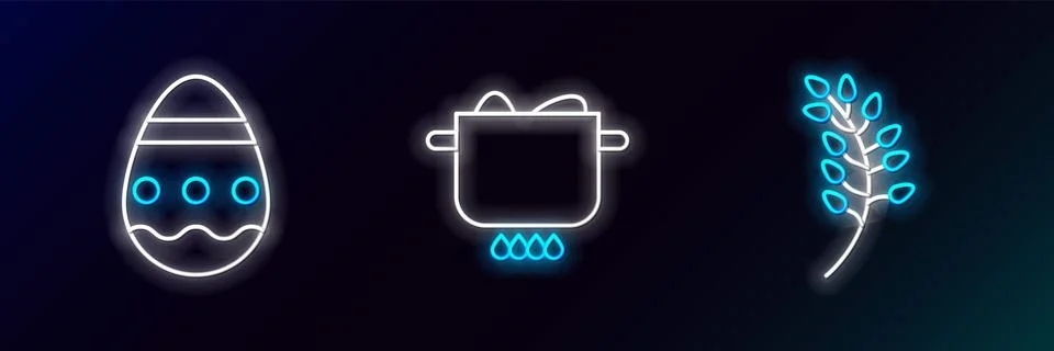 Set line Willow leaf, Easter egg and Egg in hot pot icon. Glowing neon. Vecto Stock Illustration