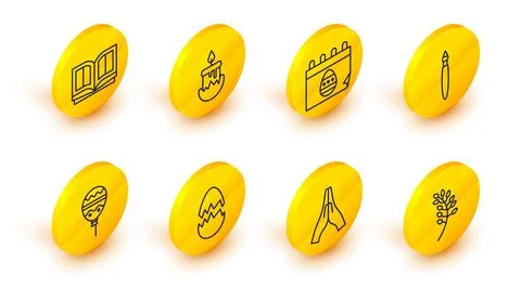 Set line Willow leaf, Hands in praying position, Broken egg, Balloons with Stock Illustration