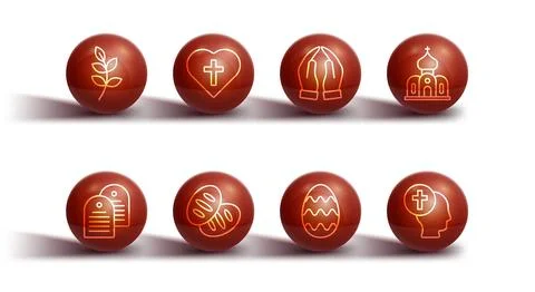 Set line Willow leaf, Holy bible book, Church building, Easter egg, Christian Ilustración de archivo