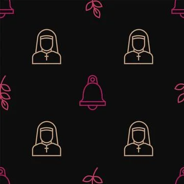 Set line Willow leaf, Nun and Church bell on seamless pattern. Vector Stock Illustration