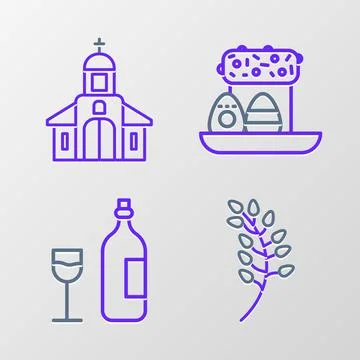 Set line Willow leaf, Wine bottle with glass, Easter cake and eggs and Church Stock Illustration