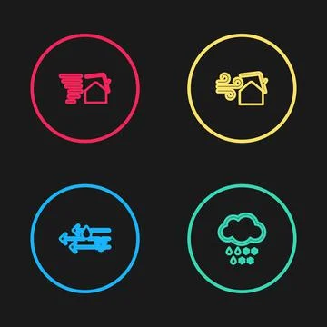 Set line Wind and rain with snow, Cloud, Tornado swirl and icon. Vector Illustrazione stock