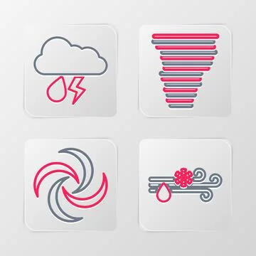 Set line Wind and rain with snow, Tornado, and Cloud lightning icon. Vector Stock Illustration