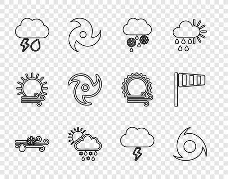 Set line Wind and rain with snow, Tornado, Cloud, rain, sun, lightning, Sto.. Stock Illustration