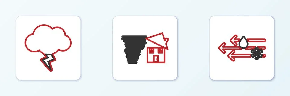 Set line Wind and rain with snow, Storm and Tornado swirl icon. Vector Stock-Illustration