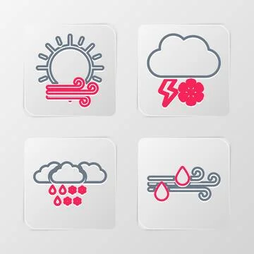 Set line Wind and rain, Cloud with snow, lightning and sun icon. Vector Stock Illustration