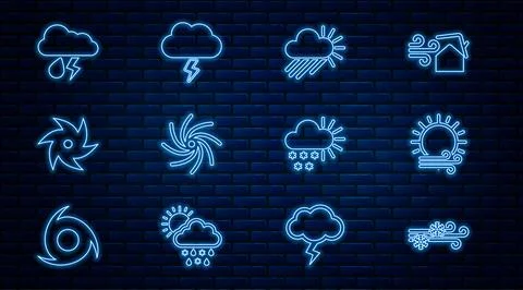 Set line Wind and snow, sun, Cloudy with rain, Tornado, lightning,  and Sto.. Stock Illustration