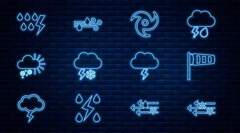 Set line Wind and snow, Cone meteorology windsock wind vane, Tornado, Cloud.. Stock Illustration