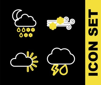 Set line Wind and snow, Cloud with rain lightning, Cloudy and rain, moon ic.. Stock Illustration