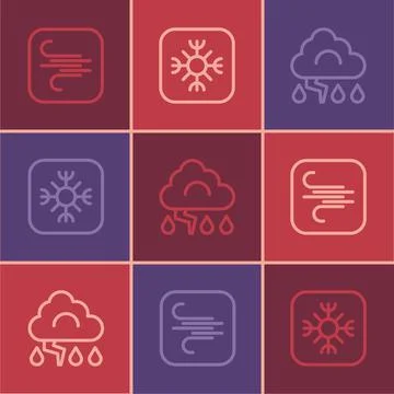 Set line Wind, Cloud and lightning and Snowflake icon. Vector Illustrazione stock