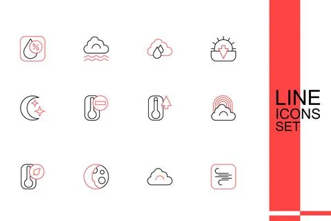 Set line Wind, Cloud, Moon phases, Thermometer, Rainbow with cloud,  and an.. Stock Illustration