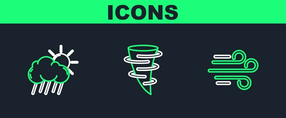 Set line Wind, Cloud with rain and sun and Tornado icon. Vector Stock Illustration